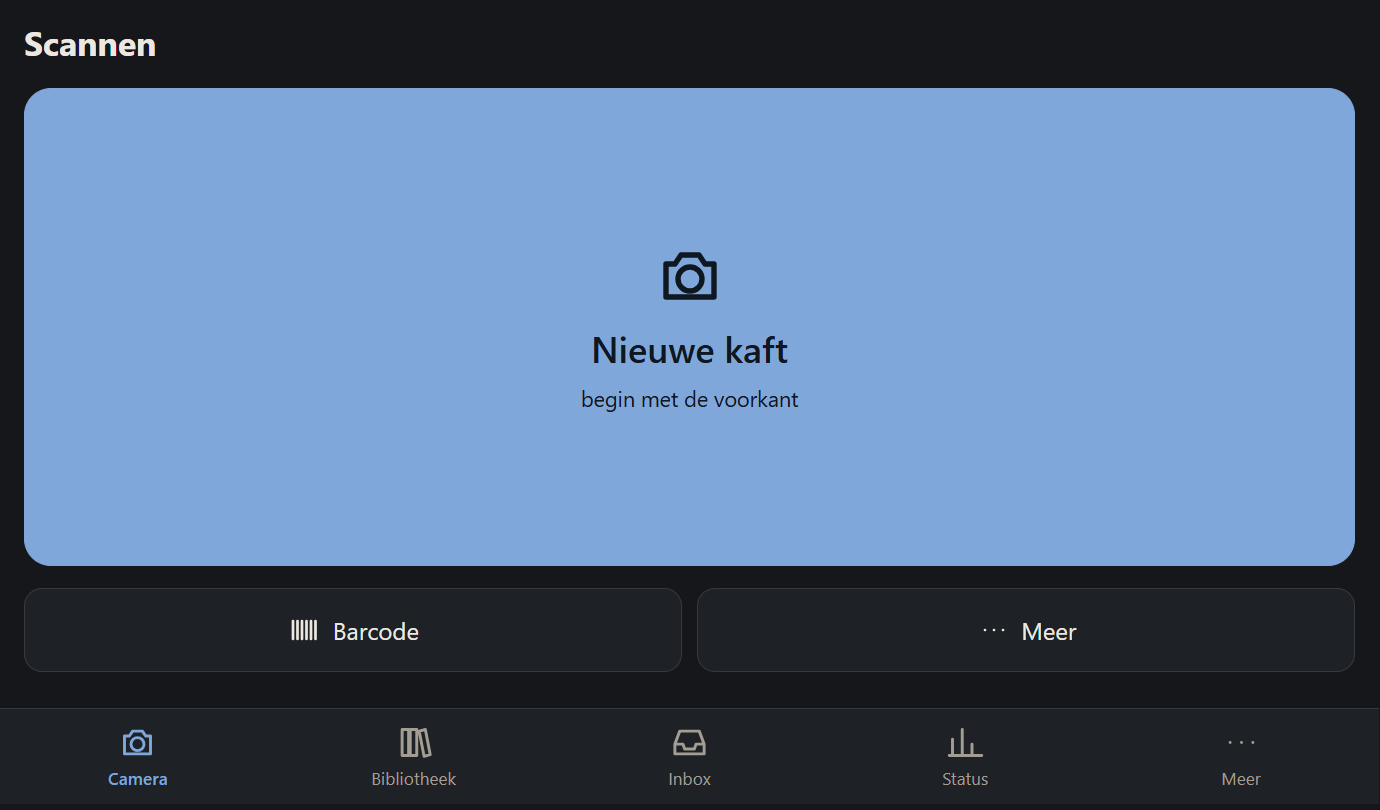 Startscherm van de boekscanner met de opties Nieuwe kaft, Barcode en Meer